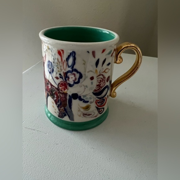 Anthropologie FOLKLORE FAWNS Mug Floral Green Gold Handle Starla Halfmann - Picture 2 of 7